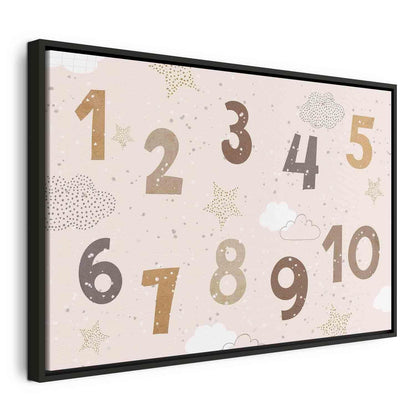 Leinwandbild - Jumping Numbers - Numbers in a Subdued Beige-Brown Hue Among Snowflakes Stars and Clouds Artgeist