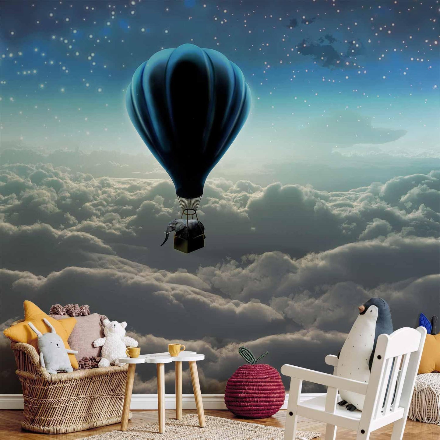 Fototapete „Sternenfahrt“ – Ballonreise mit Elefant über den Wolken
