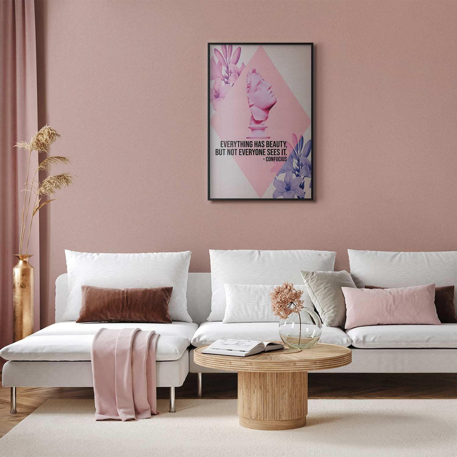 Poster - Confucius on Beauty - a bust in pink with flowers and a quote Artgeist