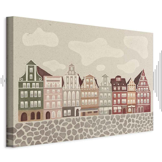 Leinwandbild - Salt Square - Colorful Illustrated Townhouses Against a Cloudy Sky Background