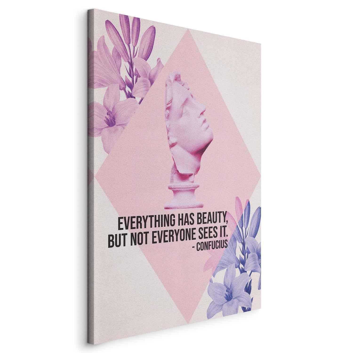 Leinwandbild - Beauty in the Eyes - Inspirational Quote with Pink Bust and Flowers Artgeist