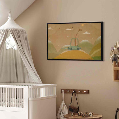 Leinwandbild - Dreamy Traveler - A Cheerful Giraffe Driving a Car on a Sunny Day