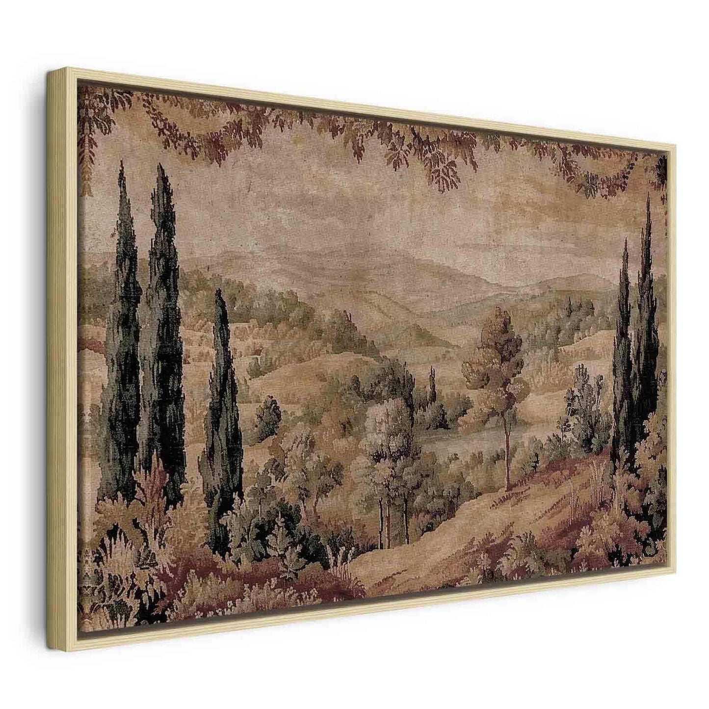 Leinwandbild - Mediterranean landscape - old tapestry with a hill and a lake