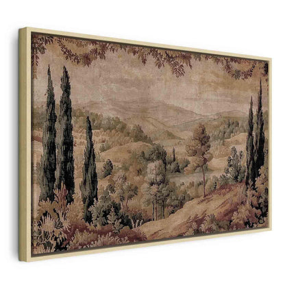 Leinwandbild - Mediterranean landscape - old tapestry with a hill and a lake
