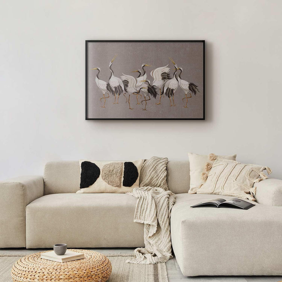 Poster - Crane Dance - light bird silhouettes on a warm-gray textured background Artgeist