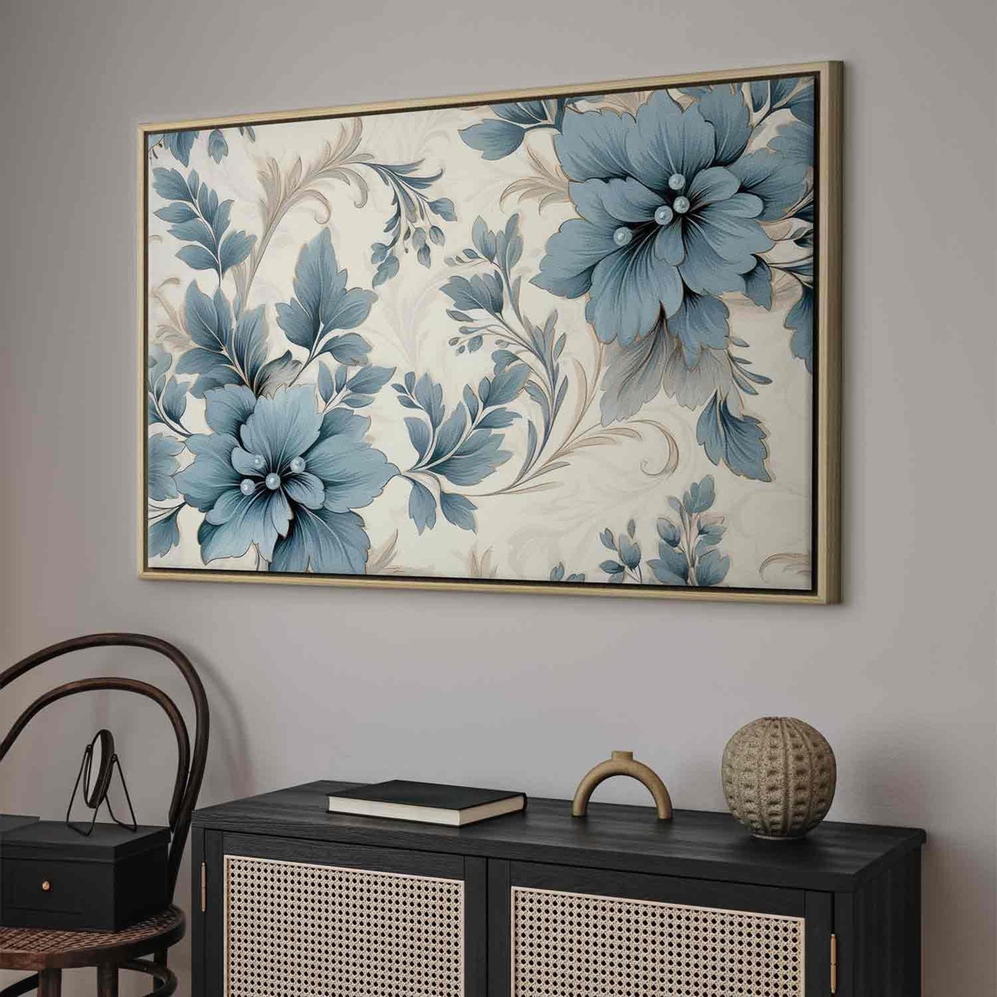 Leinwandbild - Turquoise Flowers in Retro Ambience Floristic Ornaments
