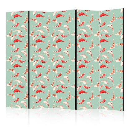 Paravent - Fish And Japanese Pattern - Koi Fish in Orange-Cream Colors on a Green-Mint Background With An Oriental Pattern Artgeist
