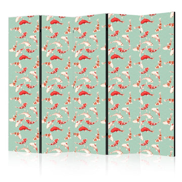 Paravent - Fish And Japanese Pattern - Koi Fish in Orange-Cream Colors on a Green-Mint Background With An Oriental Pattern Artgeist