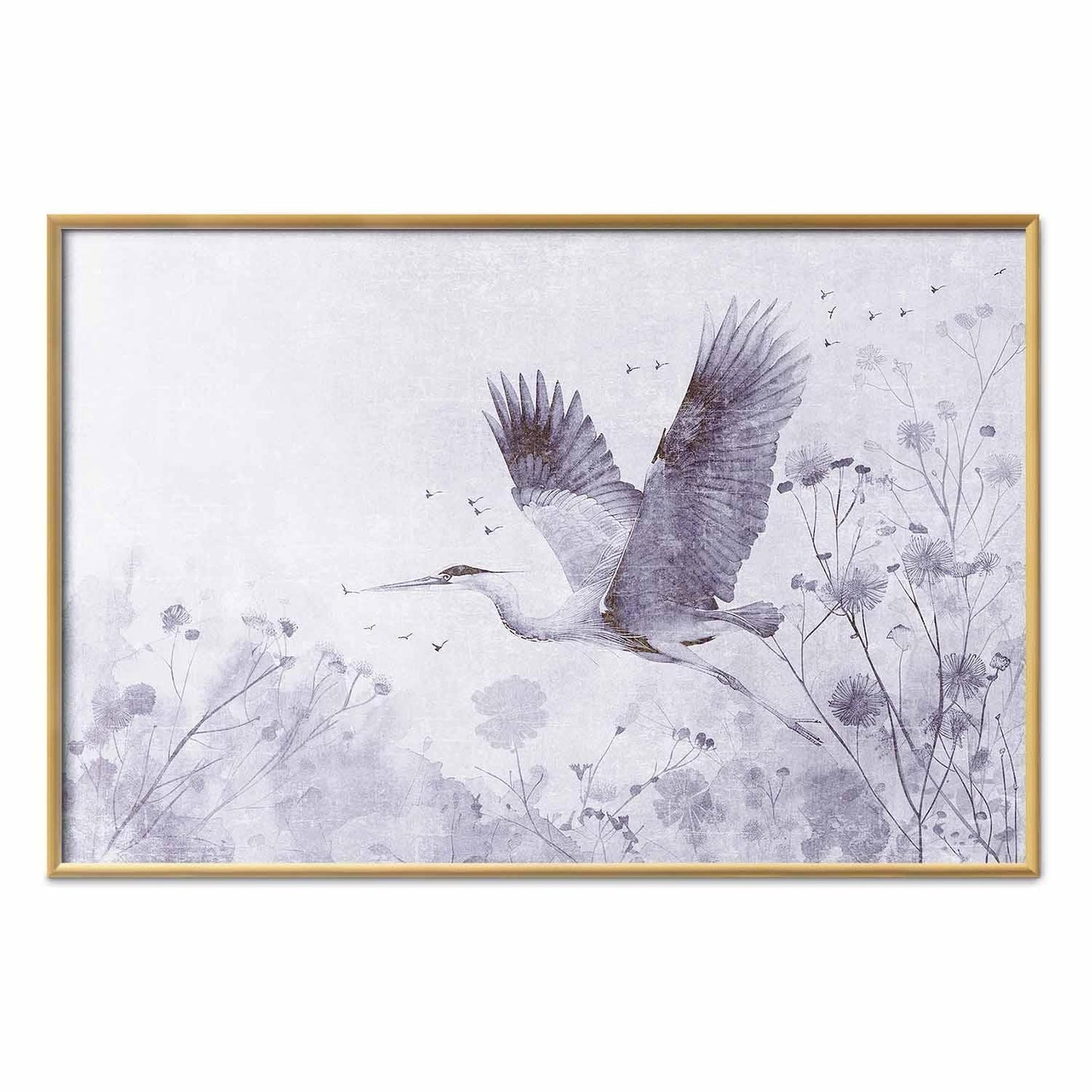 Poster - Majestic Flight - crane in flight in a monochromatic, cool color palette