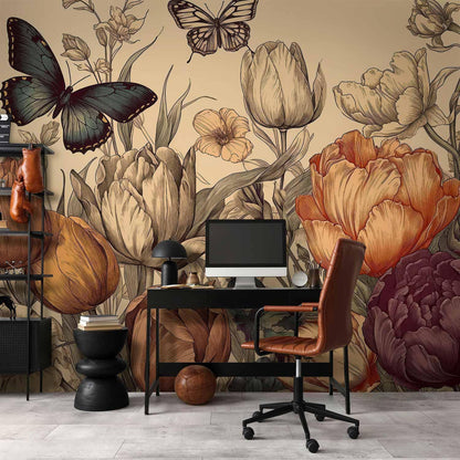 Fototapete - Colourful tulips on a cream background