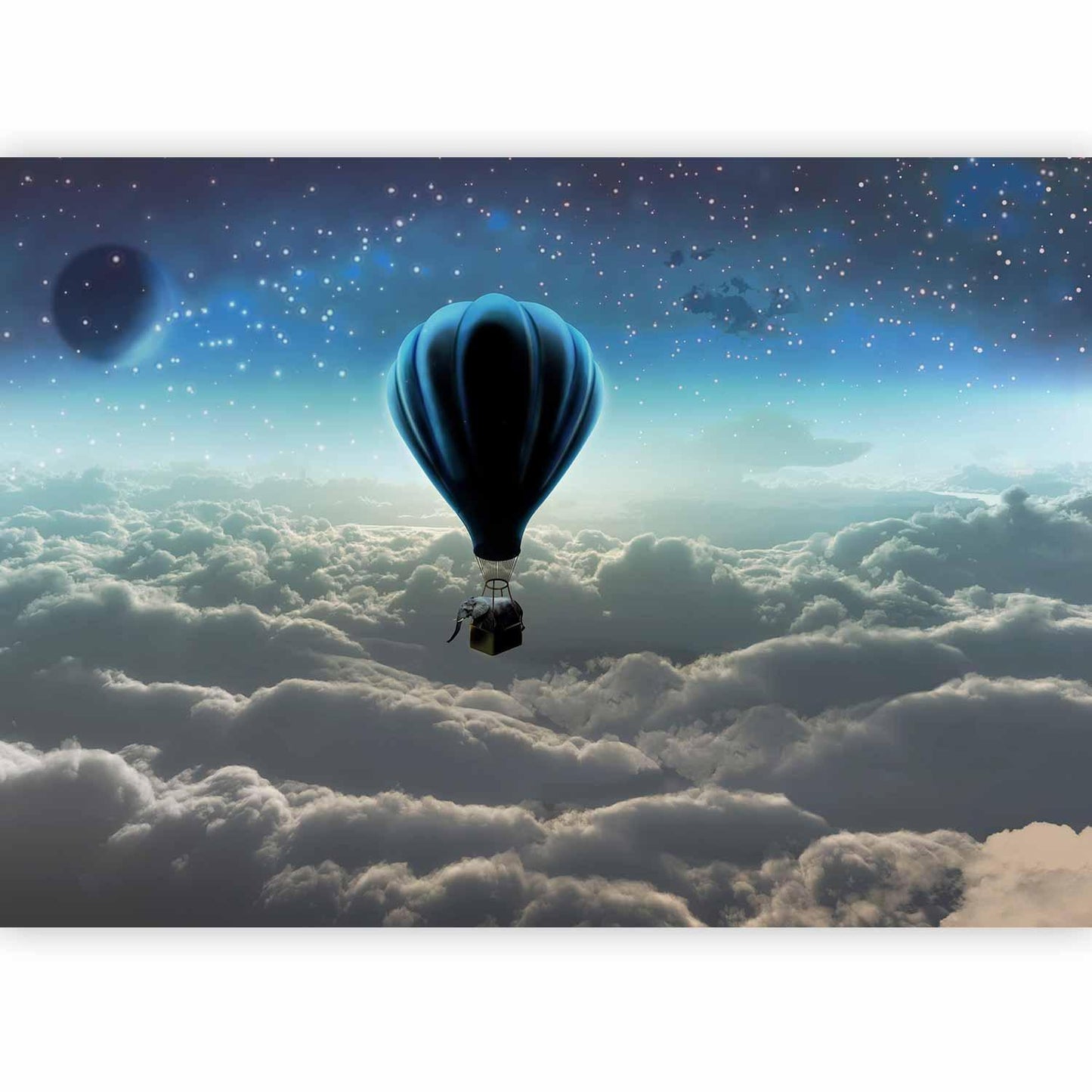 Fototapete „Sternenfahrt“ – Ballonreise mit Elefant über den Wolken