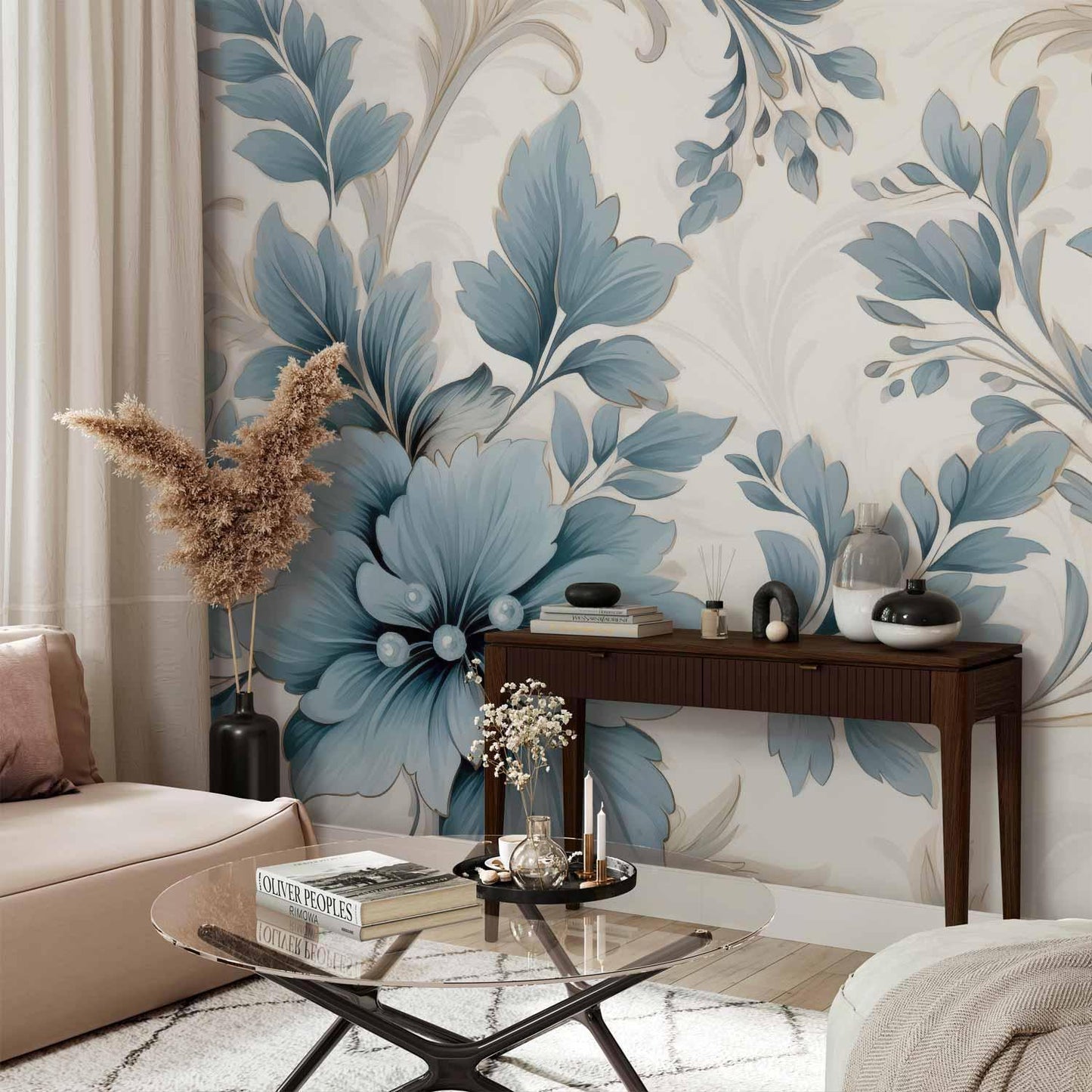 Fototapete - Turquoise Flowers in Retro Ambience - Floristic Ornaments Artgeist