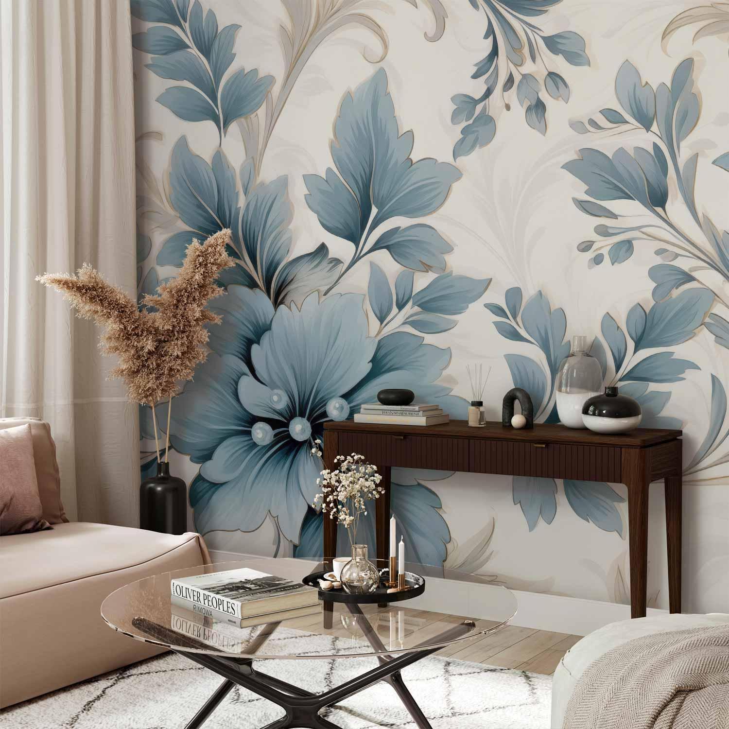 Fototapete - Turquoise Flowers in Retro Ambience - Floristic Ornaments Artgeist