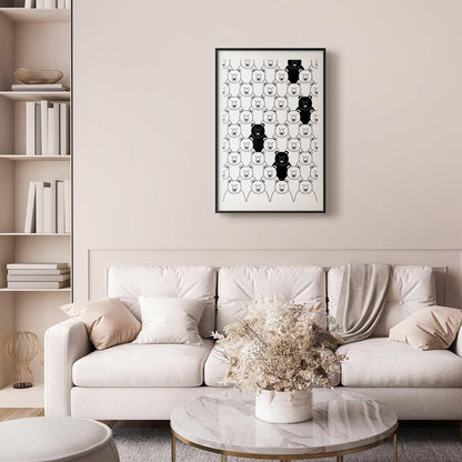 Poster - Stranger in the Flock hanging in minimalist living room setting.