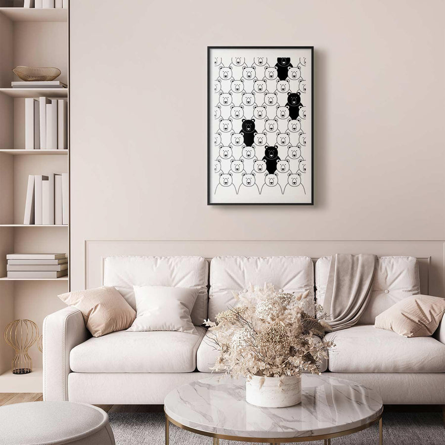 Poster - Stranger in the Flock hanging in minimalist living room setting.