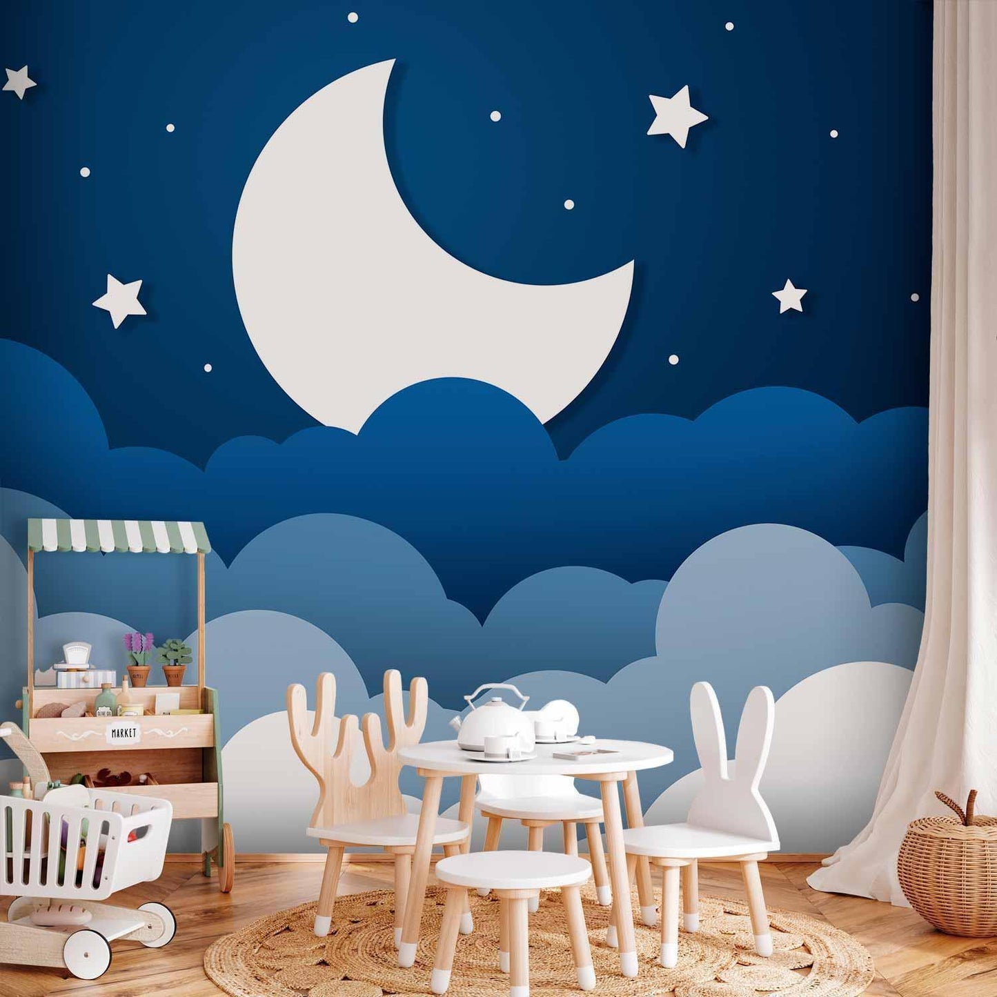 Fototapete - Moon dream - clouds on a dark blue sky with stars for children Artgeist