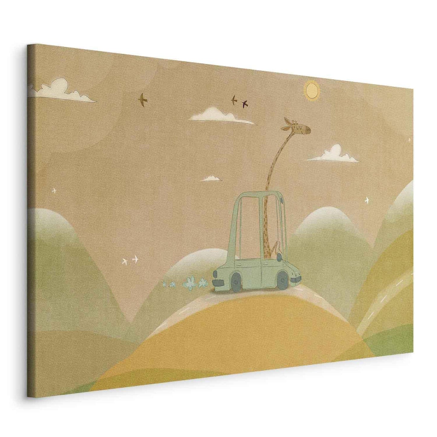 Leinwandbild - Dreamy Traveler - A Cheerful Giraffe Driving a Car on a Sunny Day Artgeist