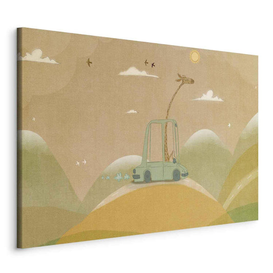 Leinwandbild - Dreamy Traveler - A Cheerful Giraffe Driving a Car on a Sunny Day Artgeist