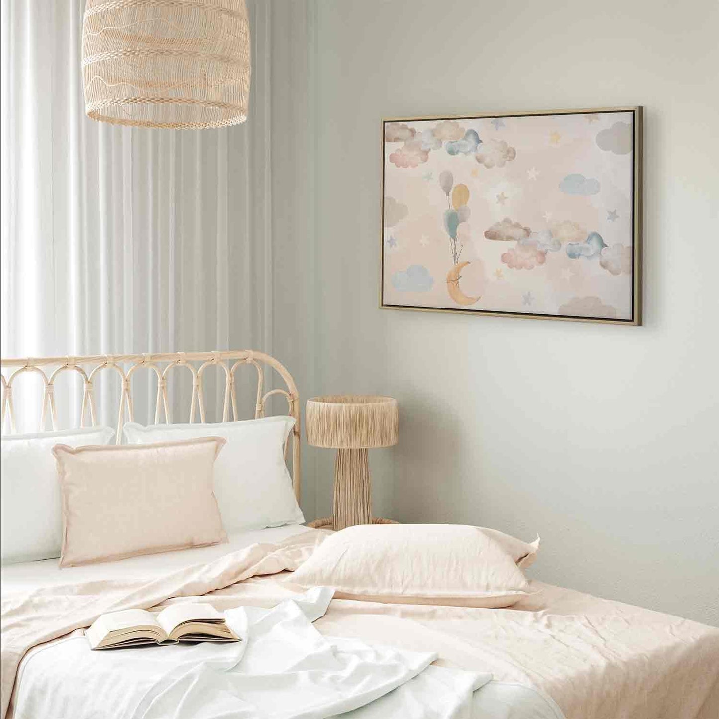 Leinwandbild - Fairy-Tale Moon - Pastel Moon with Balloons Among Colorful Clouds and Stars in Subdued Colors on a Light Background