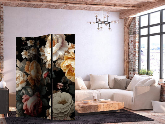 Paravent - Floristry in Vintage Style - a Plethora of Colorful Flowers on a Black Background Artgeist
