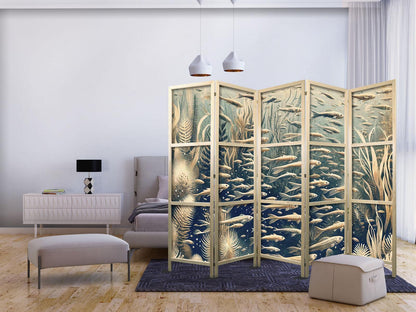 Japanischer Paravent - Life in The Ocean - Underwater World of Fish And Vegetation in Beige And Navy Colors in Retro Style