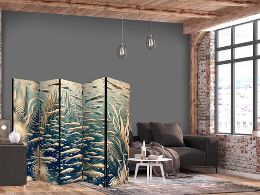Paravent - Life in The Ocean - Underwater World of Fish And Vegetation in Beige And Navy Colors in Retro Style Artgeist