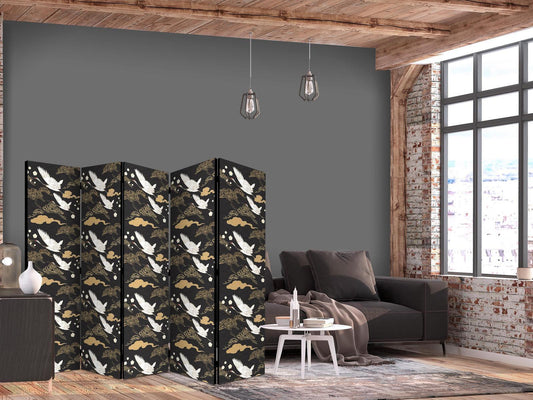 Paravent - Oriental impressions - decorative pattern with a motif of flying cranes on a dark background