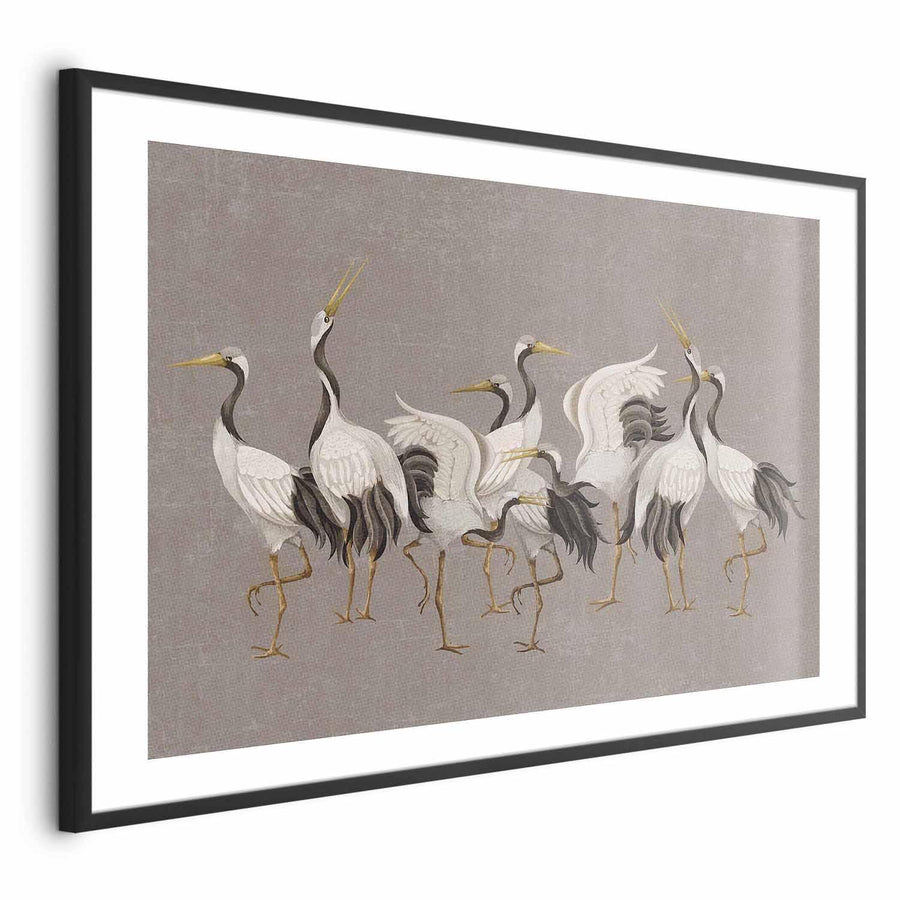 Poster - Crane Dance - light bird silhouettes on a warm-gray textured background Artgeist