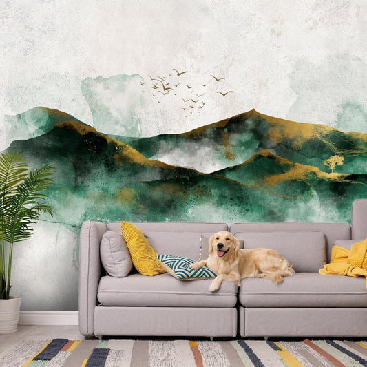 Fototapete - Abstract landscape - green mountains with golden patterns and birds Artgeist