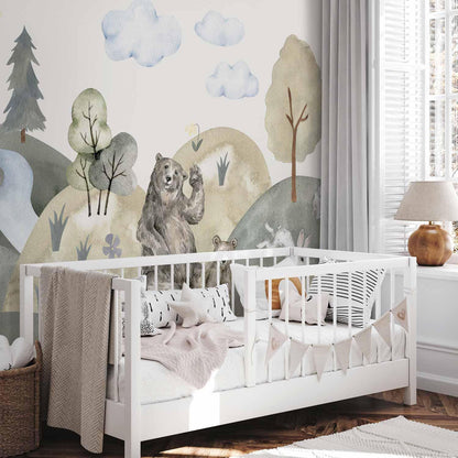 Fototapete - Green Hills - a Valley With Animals Painted in Watercolours