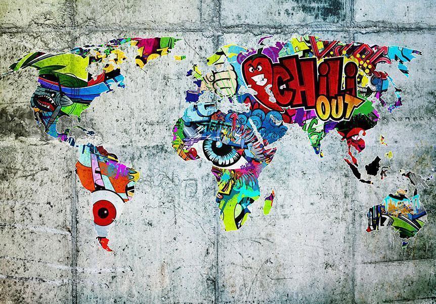 Street-Art-Fototapete mit Weltkarte – trendige Wandgestaltung

