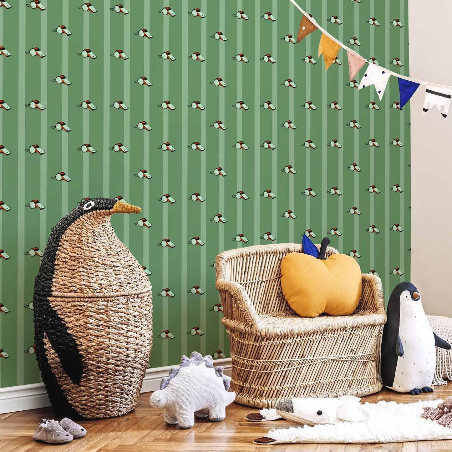 Tapete - Sports Whistles - Repeating pattern on a striped green background