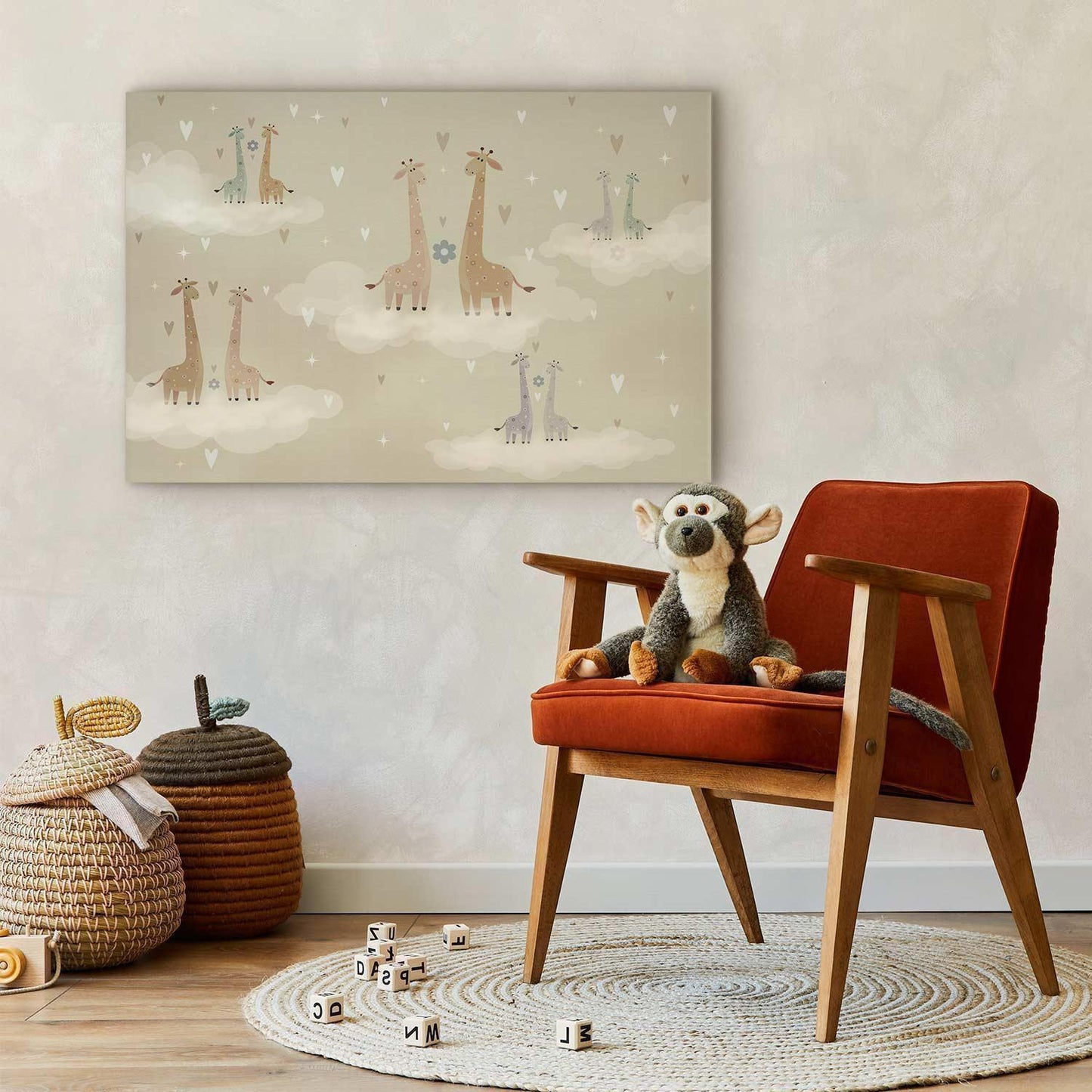 Leinwandbild - Love - Colorful Giraffes Floating on Clouds Among Hearts and Stars