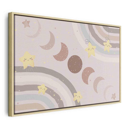 Leinwandbild - Joyful Sky - Yellow Cheerful Stars with a Rainbow Against the Phases of the Moon in a Light Beige Sky Hue