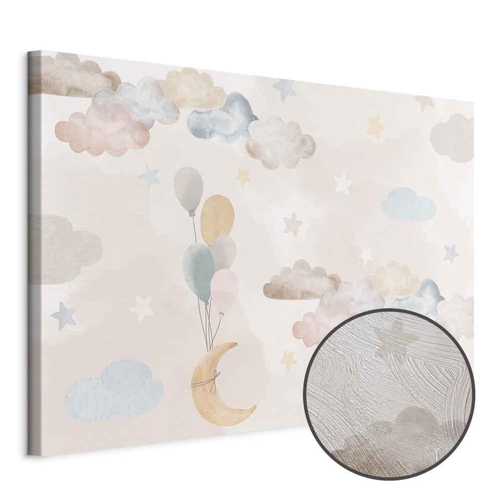 Leinwandbild - Fairy-Tale Moon - Pastel Moon with Balloons Among Colorful Clouds and Stars in Subdued Colors on a Light Background