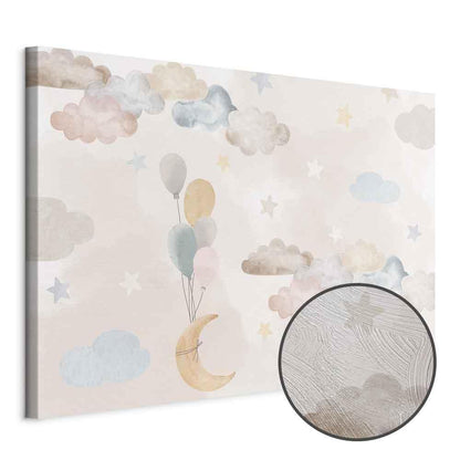 Leinwandbild - Fairy-Tale Moon - Pastel Moon with Balloons Among Colorful Clouds and Stars in Subdued Colors on a Light Background