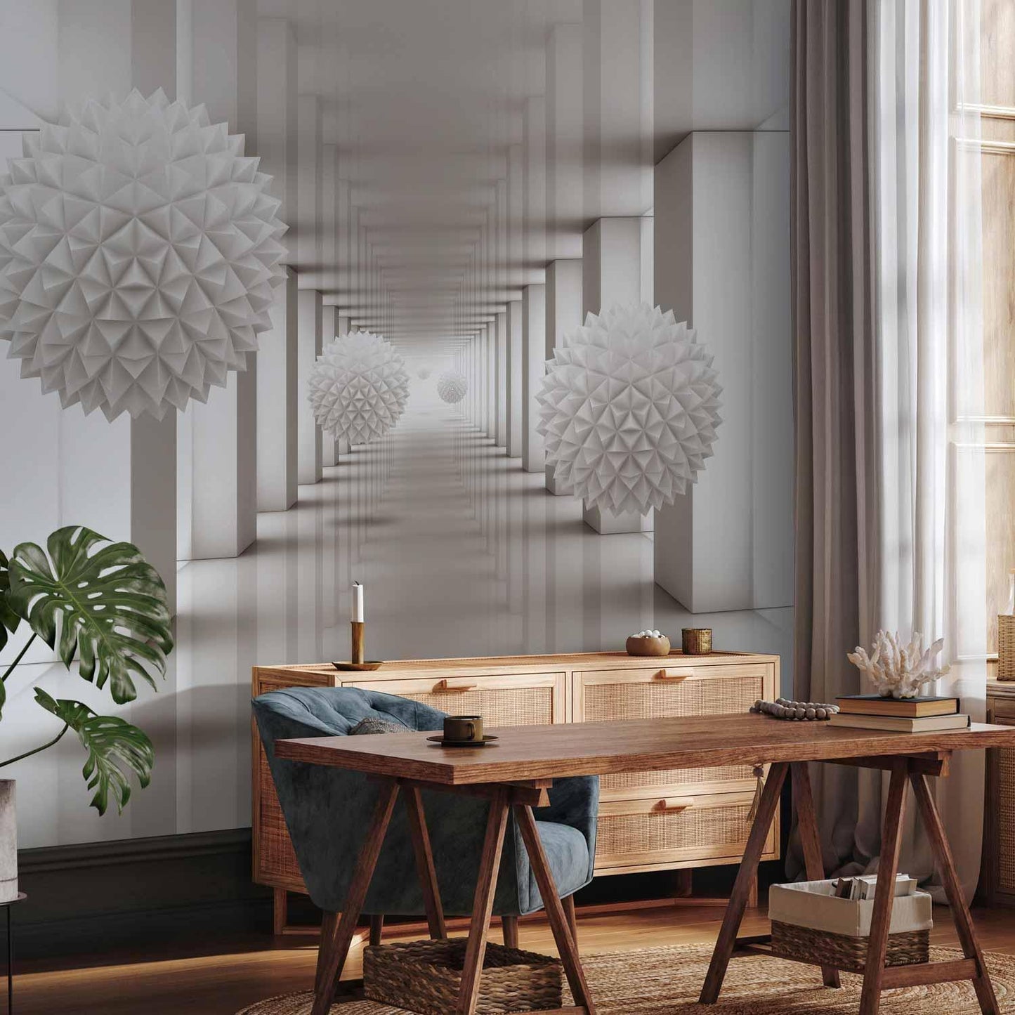 Fototapete Tor zur Zukunft – Futuristischer 3D-Tunnel in Weiß