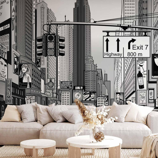 Fototapete New York Comic – Schwarz-Weiß Straßenszene im Pop Art Stil