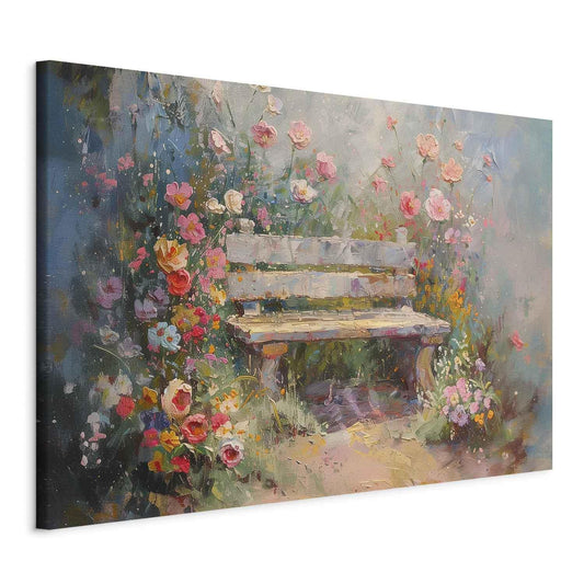 Wandbild XXL - Flowery bench - impressionist painting full of flowers