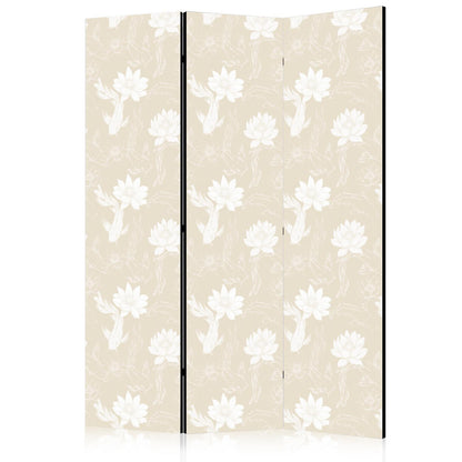 Paravent - Fish and Water Lilies - Bright Oriental Fish Swimming Among Water Flowers on a Delicate Sand-Beige Background