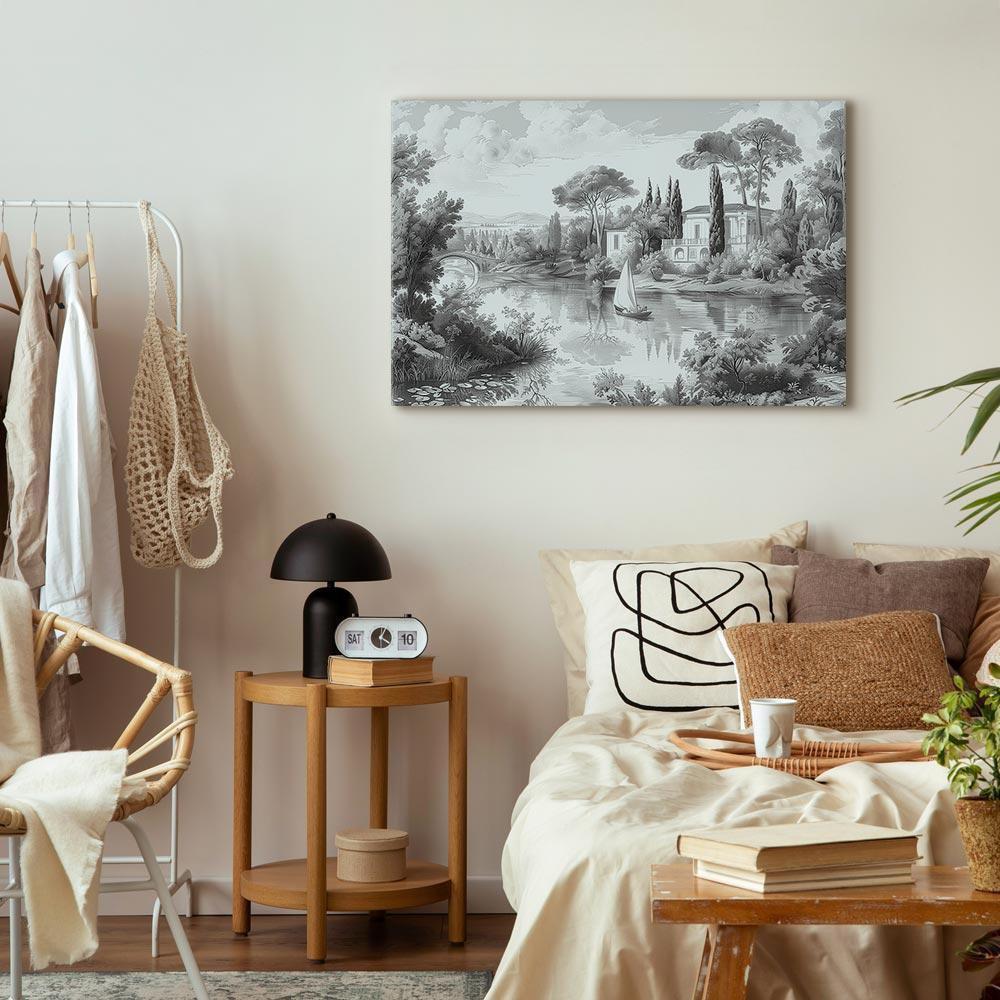 Leinwandbild - Black and White Vintage Landscape Retro View of a Pond with a Boat