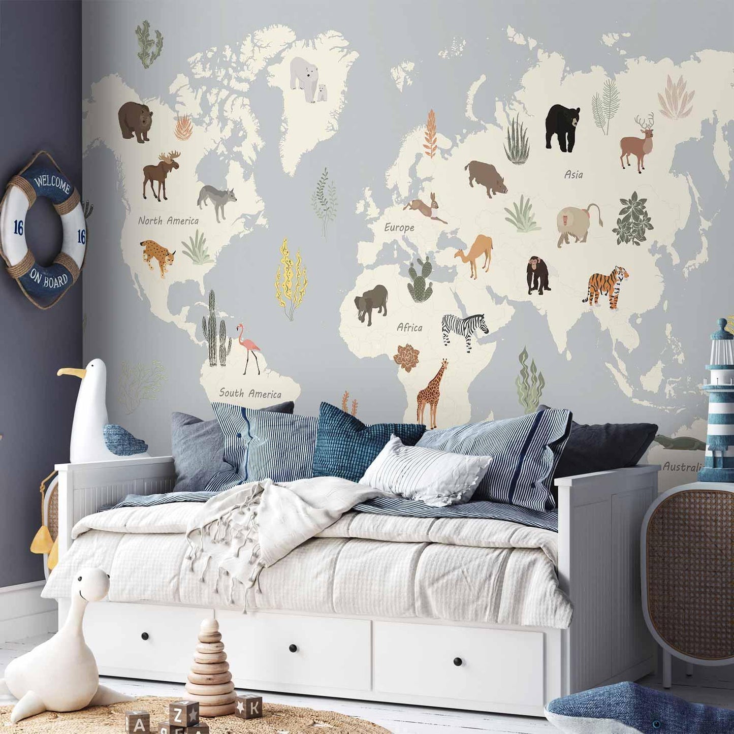 Fototapete - Pastel Planet - Animals and Underwater Plants on a Map