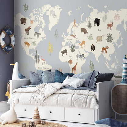 Fototapete - Pastel Planet - Animals and Underwater Plants on a Map