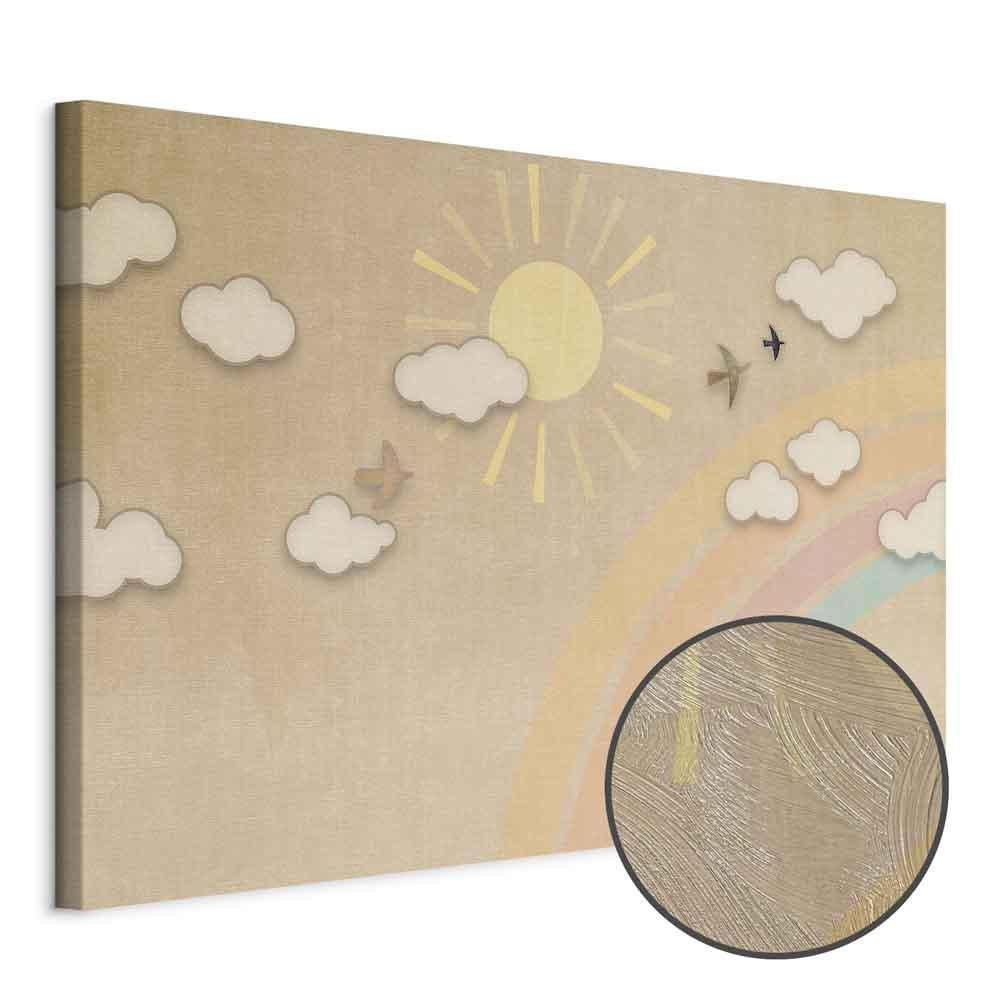 Leinwandbild - Holiday Sky - Sunny Day with a Rainbow and Flying Birds