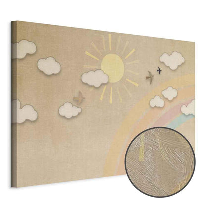 Leinwandbild - Holiday Sky - Sunny Day with a Rainbow and Flying Birds