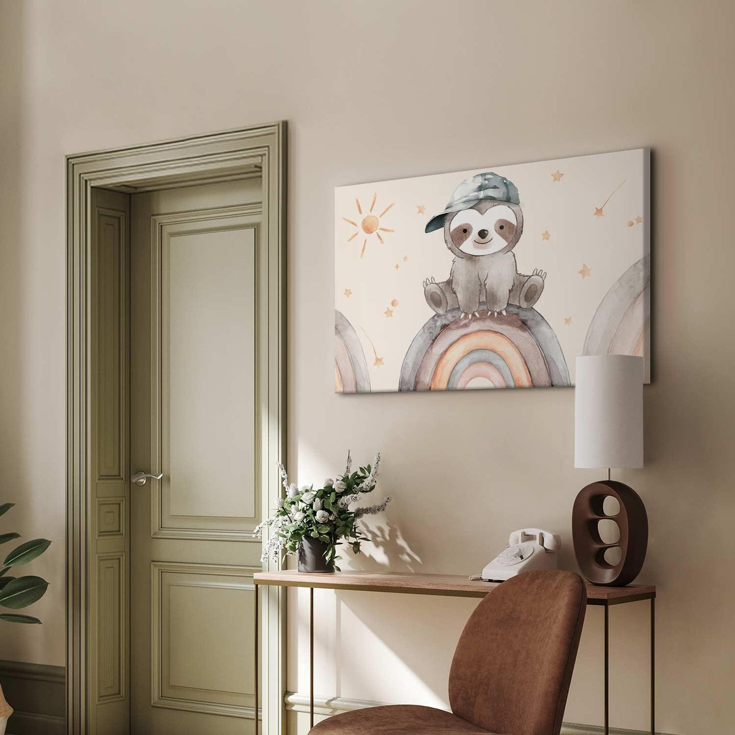 Leinwandbild - Happy Sloth - Sloth in Subdued Colors Wearing a Cap Sitting on a Rainbow Among Little Stars Artgeist