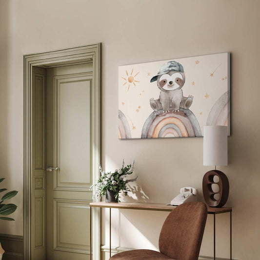 Leinwandbild - Happy Sloth - Sloth in Subdued Colors Wearing a Cap Sitting on a Rainbow Among Little Stars Artgeist