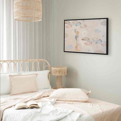 Leinwandbild - Fairy-Tale Moon - Pastel Moon with Balloons Among Colorful Clouds and Stars in Subdued Colors on a Light Background