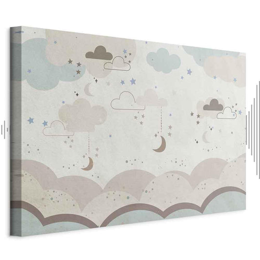 Leinwandbild - Cloudy Night Sky - Moons in Brown and Beige Hues Among Clouds and Numerous Little Stars on a Light Background