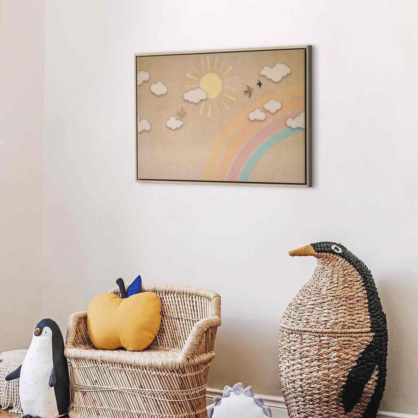 Leinwandbild - Holiday Sky - Sunny Day with a Rainbow and Flying Birds